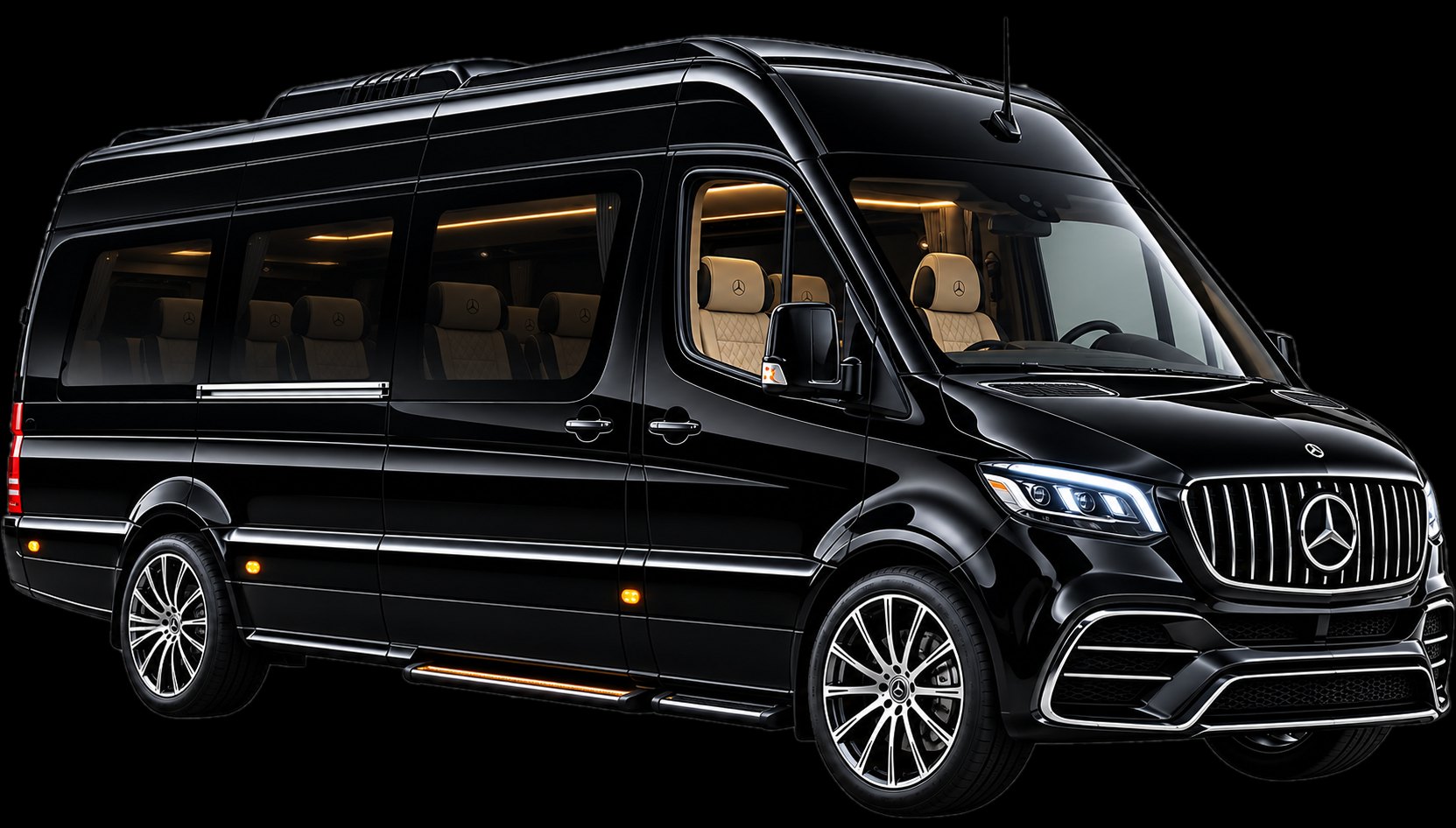 Mercedes Sprinter VIP negro de 16 plazas – Black Pearl Limousine